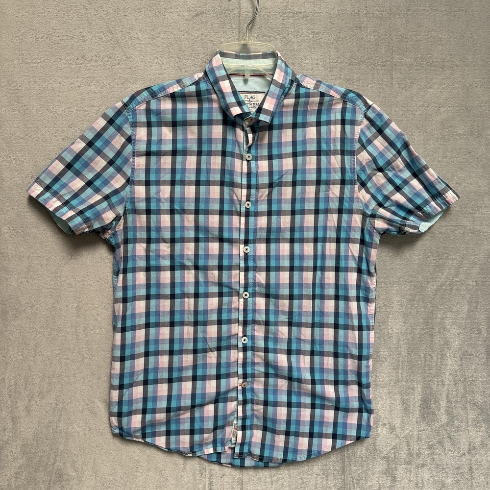 Flag & Anthem Shirt Mens Small Blue Pink Check Short Sleeve Button‎ Up Casual